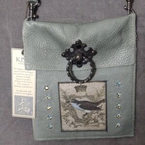 KBDStudio Dove Gray Pebble Crossbody PouchBag Clear Rhinestone Studs Bird Crown